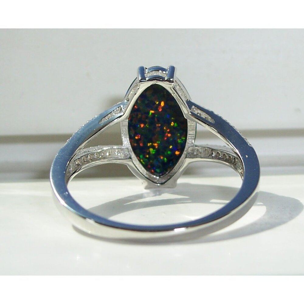 925 Sterling Silver Marquise Lab Created Green Black Opal CZ Ring - Picture 11 of 16